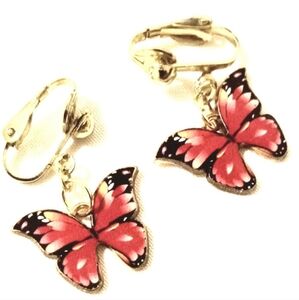 0.5" Gold Light Weight Pink Black Nature Butterfly Clip-on Earrings